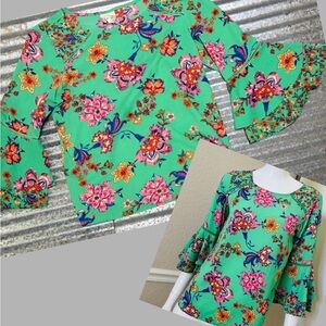Anthropology Blouse Fig & Flower Floral Bell-Sleeve Top Mint Green Sz S